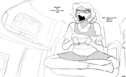 anthro bottomwear clothed clothing controller dialogue eyelashes female footwear game_controller gaming hair holding_controller holding_object inside off_shoulder open_mouth playing_video_game shirt short_hair shorts sitting socks solo t-shirt text topwear yeik_art cavemanon_studios fossil_fuel_(sg_mod) snoot_game bea_(fossil_fuel) dinosaur jiangjunosaurus ornithischian prehistoric_species reptile scalie stegosaurian thyreophoran 2025 artist_name english_text hi_res monochrome watermark