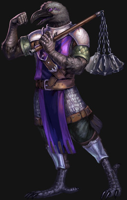 armor beak belt feathers flail male melee_weapon multi_eye muscular solo weapon nhanduc avian bird corvid corvus_(genus) crow oscine passerine raven hi_res portrait