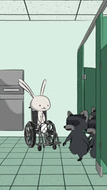 anthro bathroom black_eyes black_nose cast detailed_background dot_eyes grey_body group humor sign_of_the_cross simple_eyes text vehicle walking wheelchair white_body natural_habitok natural_habitat_shorts albie_(natural_habitok) canid canine lagomorph leporid mammal procyonid rabbit raccoon raccoon_dog tanuki 2022 3d_(artwork) 3d_animation 9:16 animated digital_media_(artwork) english_audio english_text hi_res japanese_audio short_playtime sound subtitled voice_acted webm