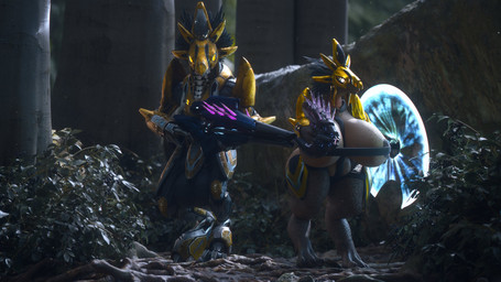 3_toes anthro balls barefoot big_balls big_breasts breasts digitigrade duo energy_shield exposed_breasts feather_hair feathered_crest feathers feet female forest_background genitals grey_body grey_scales gun head_crest holding_gun holding_object holding_ranged_weapon holding_weapon huge_balls huge_breasts male needle_rifle needler outside overweight overweight_female pseudo_hair ranged_weapon scales standing thick_thighs toes weapon runn1non halo_(series) microsoft xbox_game_studios alien avian kig-yar scalie t'vaoan 16:9 3d_(artwork) 4k absurd_res colored digital_media_(artwork) hi_res widescreen