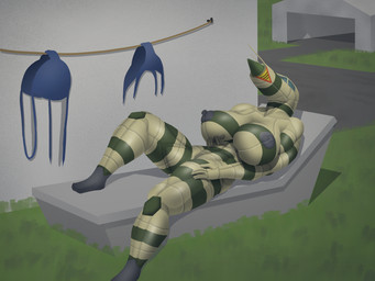 aircraft anthro asphalt big_breasts breasts building chaise_lounge clothes_line discarded_bikini eyeless female grass green_body hand_on_leg hand_on_thigh huge_breasts lying machine mouthless nipples nude on_back outside plant relaxing solo striped_body stripes su-22m3 vehicle affront sukhoi aeromorph living_aircraft living_machine living_vehicle 4:3 hi_res