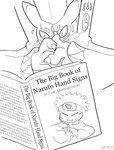 anthro book gesture hand_gesture humor male nervous onmyouji reading solo text blitzcomicguy bandai_namco digimon digimon_ghost_game naruto naruto_uzumaki canid canine digimon_(species) doumon fox mammal english_text hi_res monochrome url