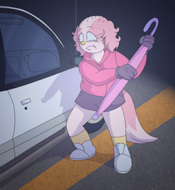 anthro bottomwear car clothed clothing female footwear fur gloves handwear holding_object hoodie outside parking_lot pink_body pink_clothing pink_fur pink_hoodie pink_topwear pink_umbrella purple_bottomwear purple_clothing purple_gloves purple_handwear purple_shorts shoes shorts socks solo standing tail topwear umbrella vehicle white_car white_clothing white_footwear white_shoes yellow_clothing yellow_footwear yellow_nose yellow_socks young young_female saltypupcake canid canine canis domestic_dog mammal digital_media_(artwork) hi_res redraw