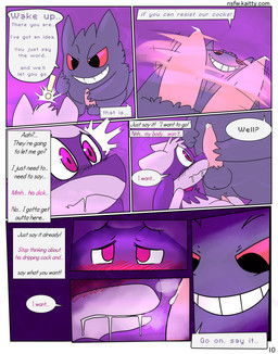 balls blush bodily_fluids collar dialogue drooling erection exclamation_point genital_fluids genitals grin hypnosis male male/male mind_break mind_control penis pink_eyes precum red_eyes saliva smile submissive teasing text kaittycat nintendo pokemon kaitty canid canine generation_1_pokemon generation_4_pokemon gengar ghost mammal pokemon_(species) riolu spirit 2014 comic english_text