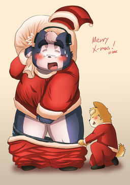 anthro blush bottomwear christmas_clothing christmas_headwear clothing duo electronics eyes_closed hat headgear headphones headwear holidays humanoid_hands kemono male overweight overweight_male pants santa_hat sweater text topwear debudave_12 christmas santa_claus canid canine canis domestic_dog mammal 2015 absurd_res hi_res