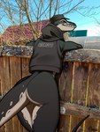 ambiguous_gender anthro black_body black_scales bottomless building butt clothed clothing earhole fence hat headgear headwear hood hoodie hoodie_vest outside plant red_eyes scales security security_guard solo tan_body tan_scales text topwear topwear_only tree vest vest_only cerezo lizard monitor_lizard reptile scalie draw_over english_text hi_res signature