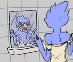 anthro bathroom beak blue_body blue_feathers bodily_fluids clothing crying eyewear feathers featureless_chest glasses looking_at_self male mirror presenting solo sorrow tears cellcone deltarune undertale_(series) berdly avian bird