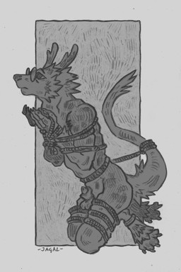 animal_genitalia anklet antlers balls bdsm bondage bound eyewear fur genitals glasses hands_tied horn jewelry kneeling legs_tied lipsticking long_tail male restraints rope rope_bondage rope_harness round_glasses sheath solo tail tail_tied tail_tuft tuft jagal mossweaver deer furred_kobold furred_scalie hybrid kobold mammal scalie absurd_res hi_res monochrome