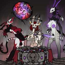 anthro areola balls barbell_piercing big_balls black_sperm bodily_fluids bowl breasts container cum cum_in_bowl cum_in_container ejaculation genital_fluids genital_piercing genitals group gynomorph intersex intersex/intersex long_penis long_tongue masturbation nipple_piercing nipples nude penile penile_masturbation penis penis_piercing piercing pubes ritual scrotum_piercing size_difference sperm_cell_collision spermicidal_takeover tongue trio ventral_groove hexecat celeste_the_nun_rabbit_(character) fraus_the_demon_(character) ira_the_demon_(character) demon lagomorph leporid mammal rabbit 1:1 absurd_res hi_res