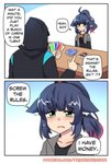 2koma ambiguous_gender animal_humanoid arknights blue_hair blush bodily_fluids cat_humanoid clothed clothing comic crossover crying doctor_(arknights) duo english_text felid felid_humanoid feline feline_humanoid female frown gesture green_eyes hair hand_gesture hi_res hood human humanoid hypergryph jacket jessica_(arknights) konami light_body light_skin mammal mammal_humanoid meme open_mouth pointing ponytail princess_hinghoi studio_montagne tears text topwear uno yu-gi-oh!
