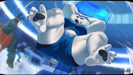 anthro basketball_court basketball_hoop belly belly_overhang big_belly big_breasts blue_bottomwear blue_clothing blue_shirt blue_shorts blue_topwear bottomwear breasts camel_toe clothed clothing crowd deep_navel feet female fur group humanoid_feet low-angle_view navel overweight overweight_anthro overweight_female pawpads plantigrade pube_peek pubes shirt shorts solo_focus tail thick_thighs topwear white_body white_fur wide_hips nnightbear_b goat_(movie) sony_corporation sony_pictures propp_(goat) bear mammal polar_bear rhinoceros ursine 16:9 2026 digital_media_(artwork) hi_res widescreen