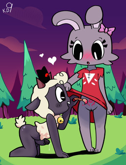 accessory all_fours anthro barefoot bell bell_collar black_body blush blush_lines bodily_fluids bottomless bow_ribbon brush clothed clothing clothing_lift collar crown dripping duo dusk erection evergreen_tree feet female forest fur genital_fluids genitals grass grass_field grey_body grey_fur hair_accessory hair_bow hair_ribbon headgear heart_symbol horn male mostly_nude outside paintbrush painting_body pantsless penis pine_tree plant precum precum_drip purple_sky red_clothing red_shirt red_topwear ribbons shirt shirt_lift short_tail sky tail topwear tree vulva white_body white_fur womb_tattoo wool_(fur) krackdown9 cult_of_the_lamb massive_monster_(studio) follower_(cult_of_the_lamb) lamb_(cult_of_the_lamb) nana_(cult_of_the_lamb) red_crown_(cult_of_the_lamb) bovid caprine lagomorph leporid mammal rabbit sheep 2022 absurd_res full-length_portrait hi_res portrait signature