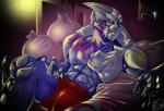 bed bed_sheet bedding claws clothed clothing facial_markings furniture head_markings male markings muscular muscular_male pillow pose scar sharp_teeth solo tattoo teeth text underwear saphistar-tries-to-art bioware electronic_arts mass_effect garrus_vakarian alien turian 2018 digital_media_(artwork) pinup