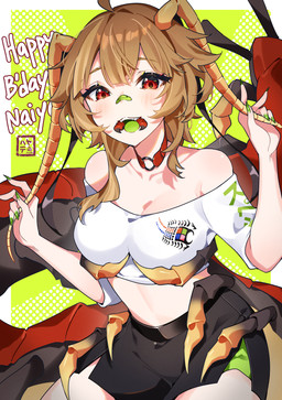 antennae_(anatomy) black_bottomwear black_clothing black_shorts bottomwear breasts brown_hair clothed clothed_female clothed_humanoid clothing colored_nails crop_top female green_nails green_tongue hair happy_birthday looking_at_viewer mandibles midriff nails open_mouth red_eyes shirt shorts solo text tongue topwear white_clothing white_crop_top white_shirt white_topwear hayate_fish vtuber naiyospede animal_humanoid arthropod arthropod_humanoid centipede_humanoid humanoid myriapod myriapod_humanoid 2023 absurd_res english_text hi_res