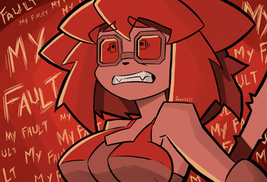 anthro bikini bikini_top brown_body brown_fur brown_tail cat_tail clenched_teeth clothing constricted_pupils eyewear fangs female fur goggles hair inner_monologue ptsd pupils raised_tail red_hair red_light repeated_text scared scared_eyes small_pupils solo swimwear tail teeth text thinking two-piece_swimsuit wearing_goggles snoutless gameoverse glitch_productions kit_bodega domestic_cat felid feline felis mammal 2026 artist_name digital_drawing_(artwork) digital_media_(artwork) english_text hi_res