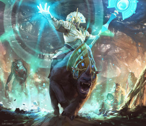 ambiguous_gender anthro armor brown_body brown_fur feral forest fur group headgear helmet holding_object holding_staff horn looking_at_viewer male open_mouth plant riding staff standing tree clint_cearley artifact_(game) valve_corporation chen_(dota) canid human mammal rhinoceros 2018 digital_media_(artwork) hi_res official_art
