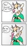 anthro biped clothing dialogue green_clothing green_shirt green_topwear hair horn male pink_nose pink_tongue shirt solo speech_bubble text tongue tongue_out topwear goldiescales anthony_(goldiescales) bovid bovine cattle mammal 2019 5:8 comic english_text trans_(lore) trans_man_(lore)