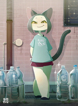 anthro black_tail bottle bottomwear clothed clothing container detailed_background ears_up female footwear front_view fur hands_behind_back looking_at_viewer looking_forward pink_inner_ear red_bottomwear red_clothing red_shorts shirt shoes shorts smile smiling_at_viewer smirk smirking_at_viewer solo sparkles t-shirt tail text text_on_clothing topwear white_body white_fur yellow_eyes fu_go_fu_go felid feline felis mammal hi_res