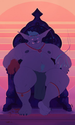 anthro belly belly_hair big_belly blood blood_on_ground blood_on_hand blue_hair bodily_fluids body_hair bottomwear chair chest_hair claws clothed clothing front_view furniture grey_body hair loincloth looking_at_viewer male moobs mouth_closed nipples obese obese_anthro obese_male overweight overweight_anthro overweight_male ponytail sitting solo throne toe_claws topless chocolateandmilk felid mammal 2019 dated hi_res signature