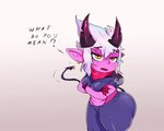 breasts clothed clothing dialogue ear_piercing ear_ring female gradient_background humanoid_pointy_ears not_furry piercing pointy_ears ring_piercing simple_background solo text jouljehart league_of_legends riot_games tencent little_demon_tristana_(lol) tristana_(lol) demon demon_humanoid humanoid hybrid yordle english_text hi_res