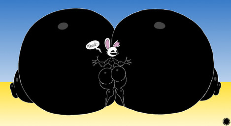 anthro back_boob big_breasts big_butt black_body bottom_heavy breast_squish breasts bubble_butt butt curvy_figure dialogue erect_nipples featureless_feet feet female glistening glistening_body glistening_breasts glistening_butt hand_on_own_breast huge_breasts hyper hyper_breasts latex_body logo mask nipples rear_view small_waist solo speech_bubble squish text thick_thighs wasp_waist wide_hips thatdawgmurray purthiel_the_bunny_slasher lagomorph leporid mammal rabbit aliasing artist_logo artist_name digital_media_(artwork) hi_res signature ukrainian_text