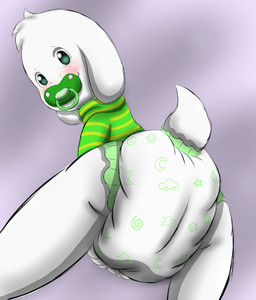 anthro blush butt clothing diaper looking_at_viewer male pacifier simple_background smile solo young young_anthro cocoapampers_(artist) undertale undertale_(series) asriel_dreemurr boss_monster_(undertale) bovid caprine mammal 2017 digital_media_(artwork)