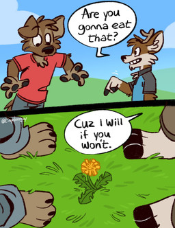 3_toes 4_fingers anthro barefoot black_clothing black_shirt black_topwear blue_clothing blue_shirt blue_sky blue_topwear clothing collared_shirt dialogue duo feet fingers flower gesture grass hand_gesture male open_mouth outside plant pointing pointing_down polo_shirt red_clothing red_shirt red_topwear shirt sky t-shirt teeth_showing text toes topwear tinydeerguy darwin_(tinydeerguy) matt_riskely canid canine canis deer domestic_dog mammal comic english_text hi_res