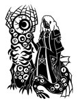 2016 4_claws 4_fingers 5_claws 5_fingers alternate_species ambiguous_gender apode biped black_and_white bloodborne bloodshot_eyes body_horror capelet claws clothed clothed_female clothed_humanoid clothing cravat crescent_moon curled_hair digital_drawing_(artwork) digital_media_(artwork) duo ear_piercing eye_creature female female_humanoid feral fin finger_claws fingers fromsoftware hair hi_res horizontal_pupils humanoid legless long_claws micolash_(bloodborne) mismatched_eyes monochrome monster moon multi_eye occult_symbol pentagram piercing pupils rom_the_vacuous_spider_(bloodborne) silhouette simple_background sitting slit_pupils sony_corporation sony_interactive_entertainment sunnyclockwork symbol symbol_eye tentacles unusual_pupils white_background