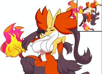 anthro big_breasts breasts broom butt cleaning_tool female fire hair long_hair sitting small_waist solo thick_thighs revkoen nintendo pokemon generation_9_pokemon mega_delphox mega_evolution pokemon_(species) sketch