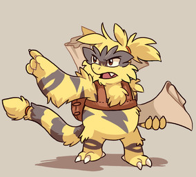 2_toes 4_fingers accessory ambiguous_gender anthro arm_markings arm_tuft backpack belly belly_markings biped black_body black_fur black_markings brown_background cheek_tuft chest_tuft claws cute_fangs facial_markings facial_tuft fangs feet finger_claws fingers fur hair hair_accessory hair_tie head_markings head_tuft heel_claw holding_object leg_markings leg_tuft markings mask_(marking) open_mouth orange_eyes paper ponytail shadow shoulder_tuft simple_background solo standing striped_markings striped_tail stripes tail tail_markings tail_tuft teeth toe_claws toes tuft yellow_body yellow_fur shellyochunks nintendo pokemon tales_of_tabira cetra_(tales_of_tabira) electabuzz generation_1_pokemon pokemon_(species) 2015 female_(lore)