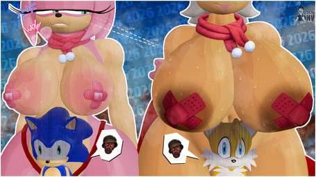 anthro areola big_areola big_breasts bodily_fluids breast_envy breast_size_difference breasts breath clenched_teeth cross-popping_vein dotted_line female group holidays huge_breasts image_bubble imminent_death_by_snu_snu imminent_sex larger_female looking_at_breasts male medium_breasts narrowed_eyes nipple_outline nipple_tape on_model pasties scared scarf size_difference smaller_male smile sweat sweatdrop sweaty_breasts tape teeth thick_thighs thousand_yard_stare highv0ltage christmas new_year new_year_2026 sega sonic_the_hedgehog_(series) amy_rose miles_prower rouge_the_bat sonic_the_hedgehog bat canid canine eulipotyphlan fox hedgehog mammal red_fox true_fox absurd_res hi_res