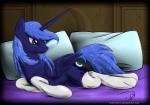 bed blue_body blue_eyes blue_feathers blue_fur blue_hair blush clothing cutie_mark feathered_wings feathers female feral footwear fur furniture hair horn legwear long_hair lying on_side pillow smile socks solo wings thefishe77 friendship_is_magic hasbro my_little_pony mythology princess_luna_(mlp) equid equine mammal mythological_creature mythological_equine winged_unicorn signature