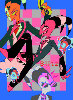 anthro boots checkered checkered_background clothed clothing exclamation_point eyewear footwear forked_tongue gun handgun horn jewelry male necklace pattern_background ranged_weapon red_body red_skin sharp_teeth shoes simple_background solo spade_tail striped_horn stripes suit sunglasses tail teeth text tongue vaporwave weapon enaic31 hellaverse helluva_boss blitzo_(helluva_boss) demon imp absurd_res character_name english_text hi_res
