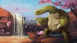 ambiguous_gender anthro cherry_blossom claws detailed_background finger_claws flower green_body long_neck nude outside petals plant prunus_(flower) rock shell sky solo standing waterfall nico_ching reptile scalie tortoise turtle 16:9 2020 digital_media_(artwork) hi_res signature widescreen