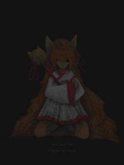 anthro asian_clothing begging_for_death bell_bow boots clothing dark defeated dialogue downcast east_asian_clothing female footwear hair holding_object imminent_death japanese_clothing kimono kneeling long_hair red_clothing red_hair red_kimono sad scene_interpretation shoes snout staff text white_clothing white_kimono across.s undertale_(series) undertale_yellow ceroba_ketsukane canid canine fox mammal english_text