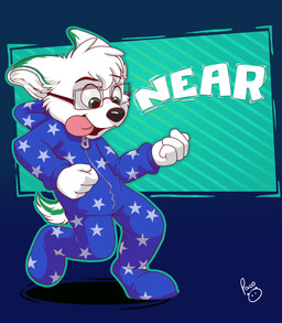 abstract_background air_guitar anthro black_nose blue_clothing cheek_tuft clothed clothing ears_back facial_tuft fur glistening glistening_eyes green_eyes hair logo male male_anthro open_mouth open_smile pivoted_ears short_hair smile solo standing tongue tongue_out tuft white_body white_fur white_hair pandapaco canid canine mammal absurd_res artist_logo hi_res signature
