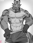 anthro biceps biped bottomwear bulge claws clothed clothing detailed_bulge finger_claws horn looking_at_viewer male muscular muscular_anthro muscular_male pupils shorts simple_background slit_pupils solo tail teeth sinsquared mythology dragon mythological_creature mythological_scalie scalie 2023 digital_drawing_(artwork) digital_media_(artwork) hi_res monochrome