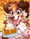 abstract_background anthro bodily_fluids dessert drooling food holding_food holding_object ice_cream open_mouth open_smile pastry pie pumpkin_pie saliva smile solo tongue tongue_out rindeadsong canid canine canis domestic_dog mammal hi_res