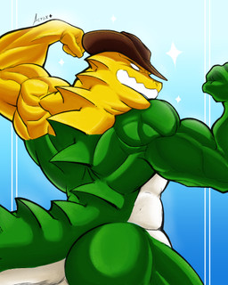 anthro back_muscles back_ridge barazoku biceps big_butt big_muscles butt candy clothing cowboy_hat deltoids dessert empty_eyes flexing flexing_bicep flexing_both_biceps food green_body gummy_(food) hat hat_only headgear headgear_only headwear headwear_only male mostly_nude muscular muscular_anthro muscular_arms muscular_male solo sparkles tail tail_ridge triceps white_body white_eyes yellow_body acrux glitch_productions the_amazing_digital_circus gummigoo_(tadc) crocodile crocodilian food_creature gummy_creature living_candy reptile scalie 2026 4:5 digital_media_(artwork) hi_res signature