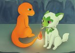 cave convenient_power drugs duo fire lighting_blunt marijuana smoking haika nintendo pokemon charmander felid feline generation_1_pokemon generation_9_pokemon mammal pokemon_(species) reptile scalie sprigatito hi_res