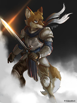 anthro armor battle_armor clothing cloud facial_scar fox_ears fox_tail gauntlets gloves handwear knight knight_armor male melee_weapon scabbard scar serious serious_face solo sword tail warrior weapon vulpesburu cid_(vulpesburu) animal_humanoid canid canid_humanoid canine canine_humanoid fox fox_humanoid humanoid mammal mammal_humanoid absurd_res hi_res