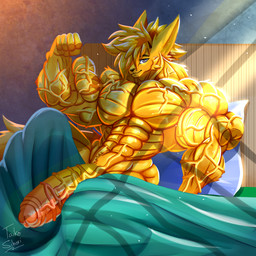abs anthro bed bed_sheet bedding biceps big_muscles big_penis blanket blonde_hair erection flexing flexing_bicep fur furniture genitals hair huge_muscles huge_penis hyper hyper_genitalia hyper_muscles hyper_penis long_tail looking_at_viewer lying male muscular muscular_anthro muscular_arms muscular_male nude on_back pecs penis pillow pose purple_eyes solo tail thick_thighs vein veiny_arms veiny_muscles veiny_penis yellow_body yellow_fur taiko-sihori canid canine fennec_fox fox mammal true_fox 1:1 hi_res