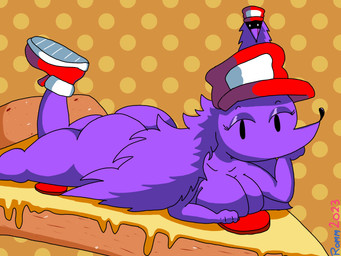 anthro big_butt butt clothing crossgender female food footwear hat headgear headwear mtf_crossgender pattern_background pizza purple_body red_cap shoes simple_background solo thick_thighs pomm_romm pizza_tower snick.exe_(pizza_tower) snick_(pizza_tower) mammal porcupine rodent 4:3 hi_res