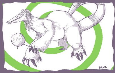 abstract_background ambiguous_gender candy dessert dreadlocks feral food holding_candy holding_food holding_lollipop holding_object lollipop solo spiral_background swirl tail teeth oddbird monster unknown_species