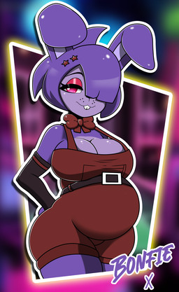 anthro big_breasts breasts buckteeth cleavage clothed clothing crossgender eyelashes eyeshadow female fur hair half-closed_eyes looking_at_viewer makeup mtf_crossgender narrowed_eyes outline overalls pink_eyes pregnant pregnant_anthro pregnant_female purple_body purple_fur purple_hair red_clothing red_overalls short_hair smile solo teeth white_outline arrowdark five_nights_at_freddy's fredina's_nightclub scottgames bonfie_(cryptiacurves) bonnie_(fnaf) lagomorph leporid mammal rabbit 2024 absurd_res hi_res