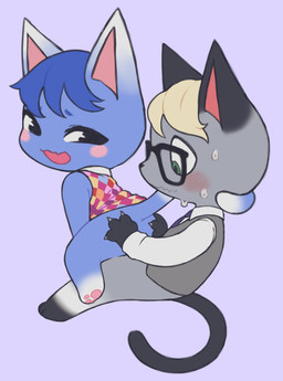 3_toes 4_fingers anthro black_eyes blonde_hair blue_background blue_body blue_fur blue_hair blush bodily_fluids bottomless chibi claws clothed clothing cute_fangs dipstick_ears dipstick_tail duo ear_markings eyewear fangs feet female fingers fur glasses gloves_(marking) green_eyes grey_body grey_fur hair leg_markings long_sleeves looking_at_butt looking_back looking_down male male/female markings multicolored_body multicolored_ears multicolored_fur multicolored_tail necktie noseless on_lap open_mouth pawpads paws pink_pawpads rosy_cheeks shirt simple_background sitting_on_lap socks_(marking) straddling suit sweat tail tail_markings teeth toes topwear touching_butt two_tone_body two_tone_fur roboto_(artist) animal_crossing nintendo raymond_(animal_crossing) rosie_(animal_crossing) domestic_cat felid feline felis mammal 2020 hi_res