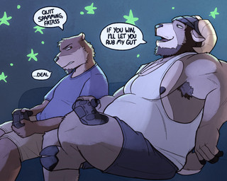 2_horns anthro armpit_hair beanie beard biceps black_beanie black_clothing black_hat black_headwear blue_clothing blue_shirt blue_t-shirt blue_topwear body_hair bottomwear clothing controller dialogue duo facial_hair furniture game_controller gaming hat headgear headwear holding_controller holding_game_controller holding_object hooves horn khaki_shorts male musclegut muscular shirt shorts sitting slightly_chubby slightly_chubby_anthro slightly_chubby_male smile sofa speech_bubble t-shirt tank_top text topwear white_clothing white_shirt white_tank_top white_topwear gatto_gateau echo_(game) echo_(series) echo_project carl_hendricks chase_hunter asian_small-clawed_otter bighorn_sheep bovid caprine mammal mustelid otter sheep 2026 english_text hi_res