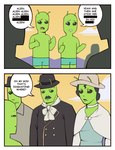 antennae_(anatomy) clothed clothed_female clothed_male clothing dialogue dress facial_hair female green_body green_skin group hat headgear headwear male mustache shirtless sky speech_bubble suit text bonnymama7 alien alien_humanoid humanoid absurd_res comic english_text hi_res