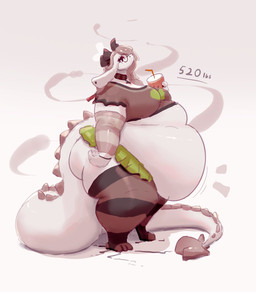 3_toes 4_fingers accessory anthro arm_warmers armwear belly belly_folds beverage big_belly big_breasts big_butt biped black_bow black_collar black_eyewear black_glasses bottomwear bow_ribbon breasts brown_clothing brown_legwear brown_stockings brown_stripes brown_topwear butt clothed clothed_anthro clothed_female clothing collar container cracked_ground cup disposable_cup drinking_straw ear_piercing eyelashes eyewear feet female female_anthro fingers floppy_ears glasses green_bottomwear green_clothing green_skirt hair hair_accessory hair_bow hair_ribbon holding_beverage holding_object huge_belly imperial_unit legwear long_ears long_tail midriff miniskirt nerd obese obese_anthro obese_female overweight overweight_anthro overweight_female pattern_armwear pattern_clothing pattern_legwear pattern_stockings pattern_thigh_highs piercing raised_head ribbons round_glasses side_view skirt solo standing stated_weight stockings striped_armwear striped_clothing striped_legwear striped_stockings striped_thigh_highs stripes tail tail_on_ground tail_over_skirt tail_tuft thick_tail thigh_highs toes topwear tuft white_body miluinaoxie mythology dragon mythological_creature mythological_scalie scalie 2022 colored full-length_portrait hi_res portrait shaded