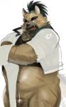 anthro balls belly blush clothing cute_fangs fangs genitals male navel overweight overweight_anthro overweight_male penis scar shirt simple_background small_penis solo teeth topwear kita_9999 lifewonders tokyo_afterschool_summoners yasuyori_(tas) canid canine canis domestic_dog mammal 2020 hi_res